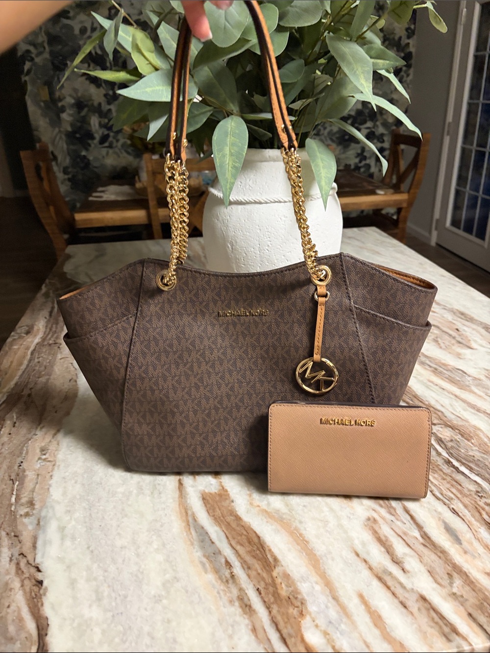 Michael Kors Brown Monogram Tote with Tan Wallet and Gold Accents
